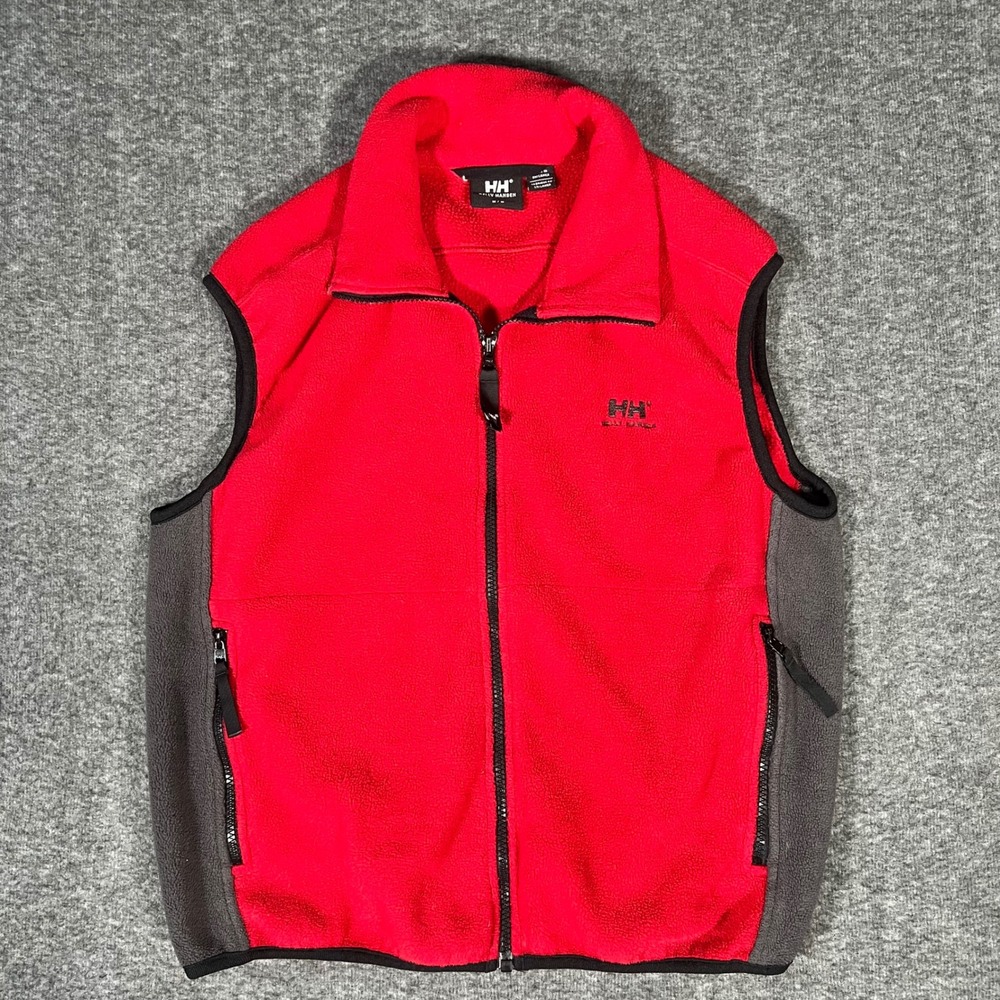 Helly Hansen Mens Fleece Vest Red Grey Full Zip Mock Neck Logo Size Medium